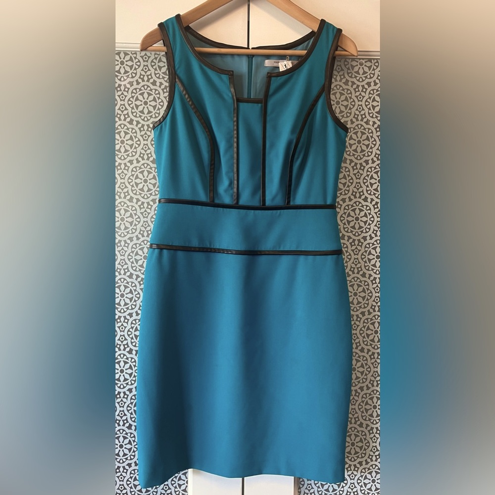 Teal cocktail dress w/ leather trim